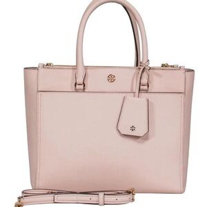 Tory Burch Robinson Double Zip Tote Pale Apricot Royal‎ Navy Style 46332 0218